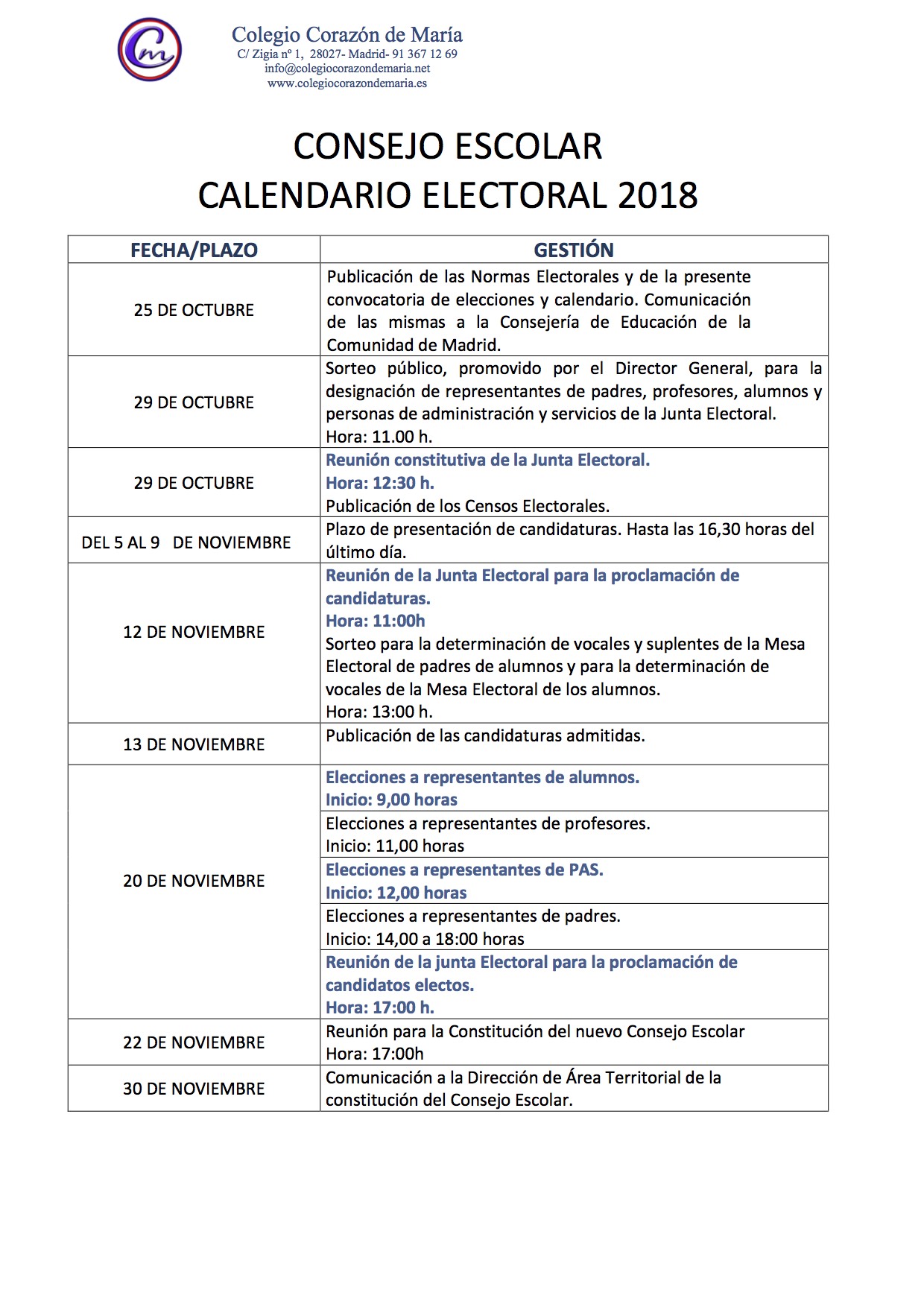 CALENDARIO CONSEJO ESCOLAR 2018 2019